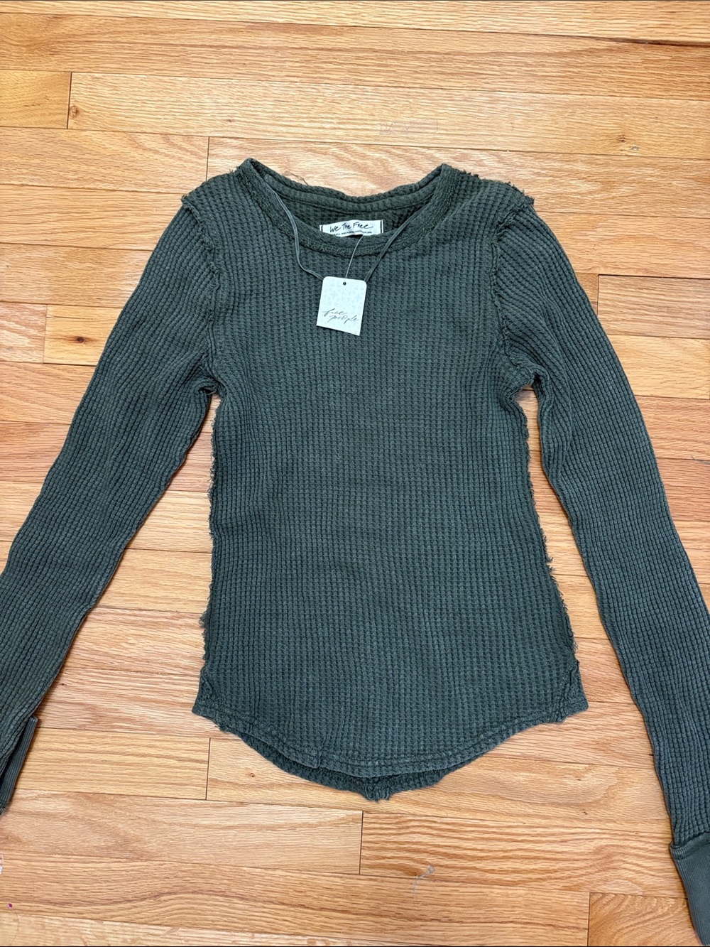 Free People Dark Olive Waffle Knit Long Sleeve Top